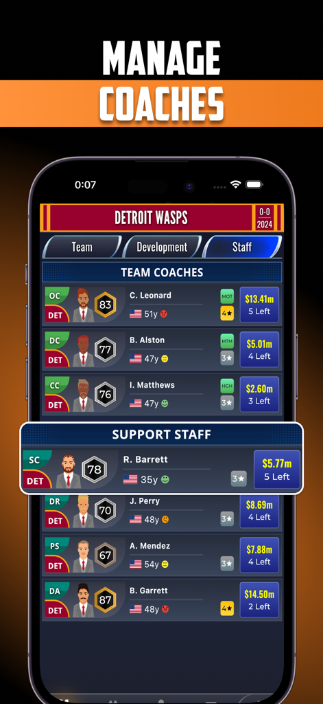 Ultimate Pro Basketball GM - A mobile game interface from Ultimate Pro Basketball GM showing the coaching and support staff management screen with ratings and salaries.