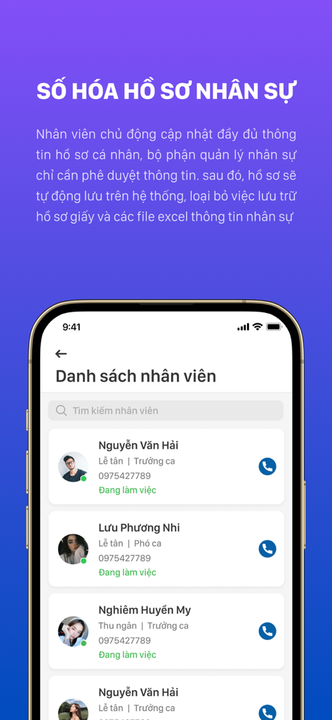 Una pantalla móvil que muestra una lista de empleados con sus roles y datos de contacto en la aplicación iPOS HRM.