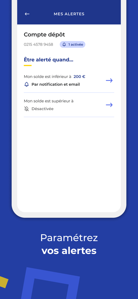 LCL mobile banking app screen for configuring account balance alerts and notifications