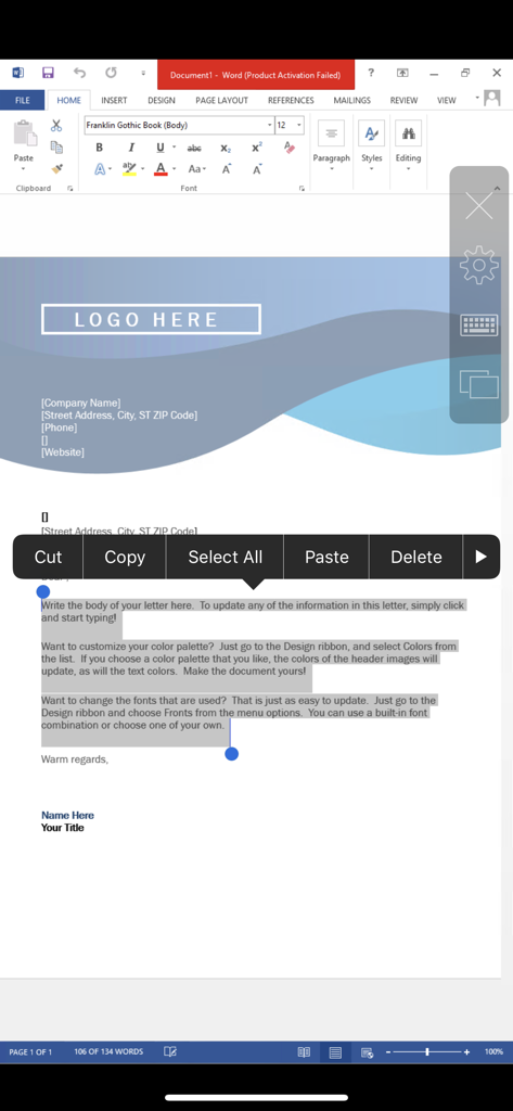 Um documento do Microsoft Word sendo editado em um dispositivo móvel usando o Parallels Client com um menu de seleção de texto visível.