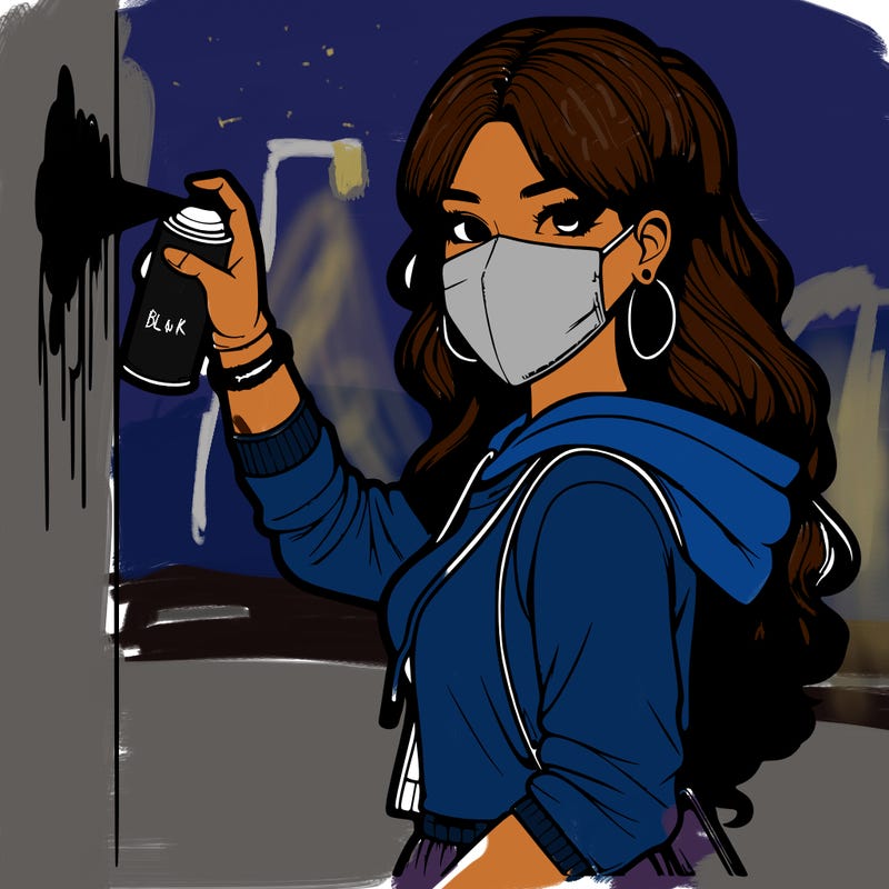 realistic girl with mask spray painting a wall