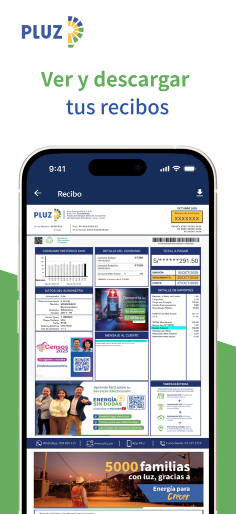 Pluz - Mobile phone screen displaying a detailed electricity bill in the Pluz app