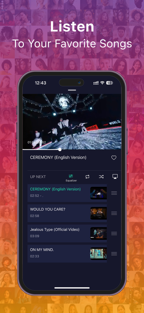 Musica XM - Offline Music - Musica XM app interface showing a music player with a video background and a playlist of upcoming songs on an iPhone