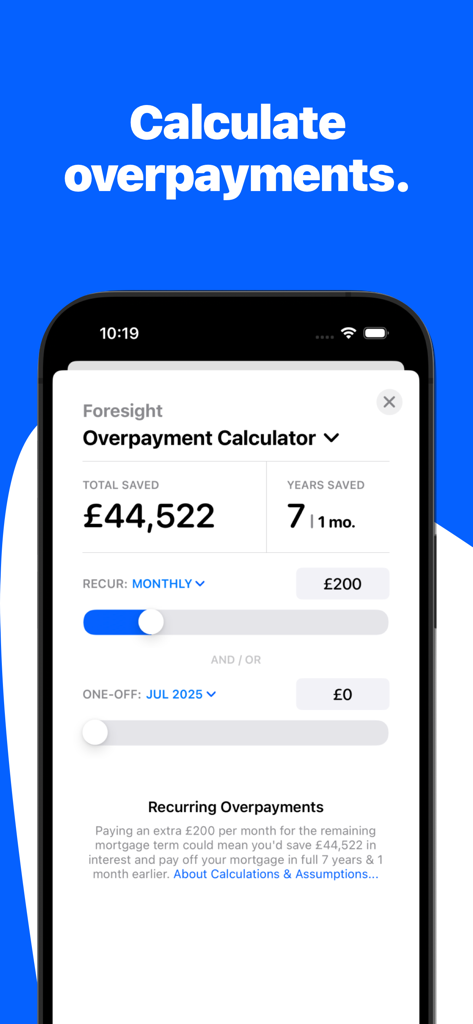 Mortgage Calculator: Mortgages - Mobile app interface of a mortgage overpayment calculator showing financial savings and time reduced on a loan