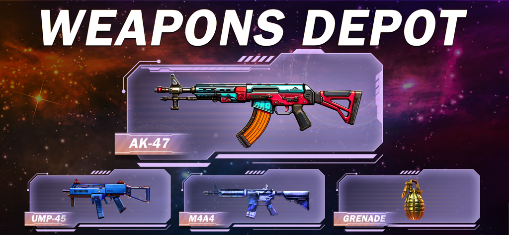 Gun Simulator - Gun Sounds - Weapons depot menu screen in Gun Simulator app showing colorful skins for AK-47 M4A4 and UMP-45