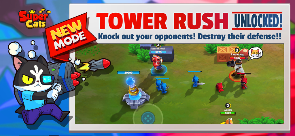 Supercats - Jugabilidad del juego móvil Supercats mostrando el modo Tower Rush donde gatos antropomórficos luchan en una arena 3v3.