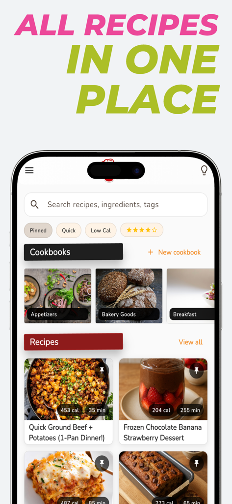 Chefy Meal Planner & Recipes - Chefy mobile app dashboard showing organized recipe cookbooks and saved meals with nutritional data