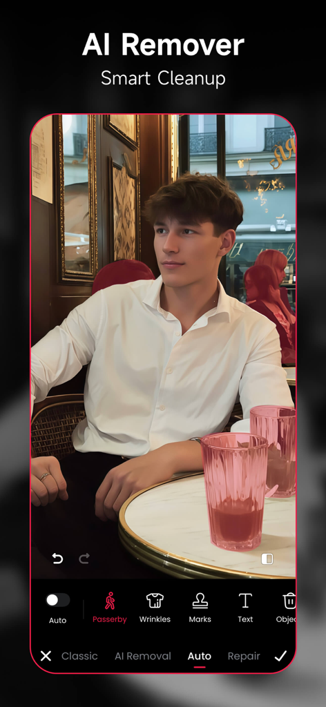 Interface of the Meitu app showing the AI Remover feature to delete background people from a portrait photo.