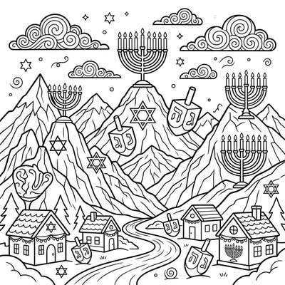 Embark on a joyful Hanukkah journey with this enchanting coloring page designed especially for kids. Discover festive menorahs, spinning dreidels, and sparkling Stars of David amidst a beautiful mountain landscape, ready for your creative touch.