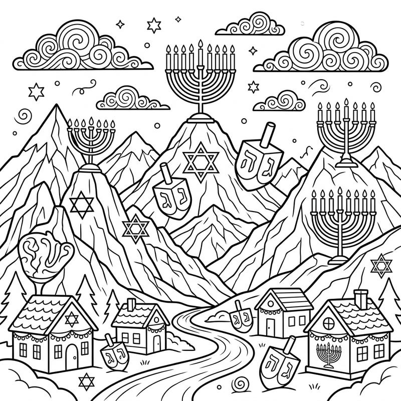 Embark on a joyful Hanukkah journey with this enchanting coloring page designed especially for kids. Discover festive menorahs, spinning dreidels, and sparkling Stars of David amidst a beautiful mountain landscape, ready for your creative touch.