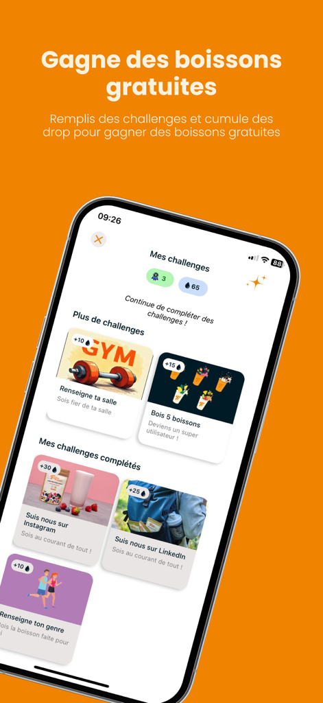 Fiilin - A mobile screen from the Fiilin app showcasing a loyalty program where users earn drops for completing fitness challenges to get free drinks.