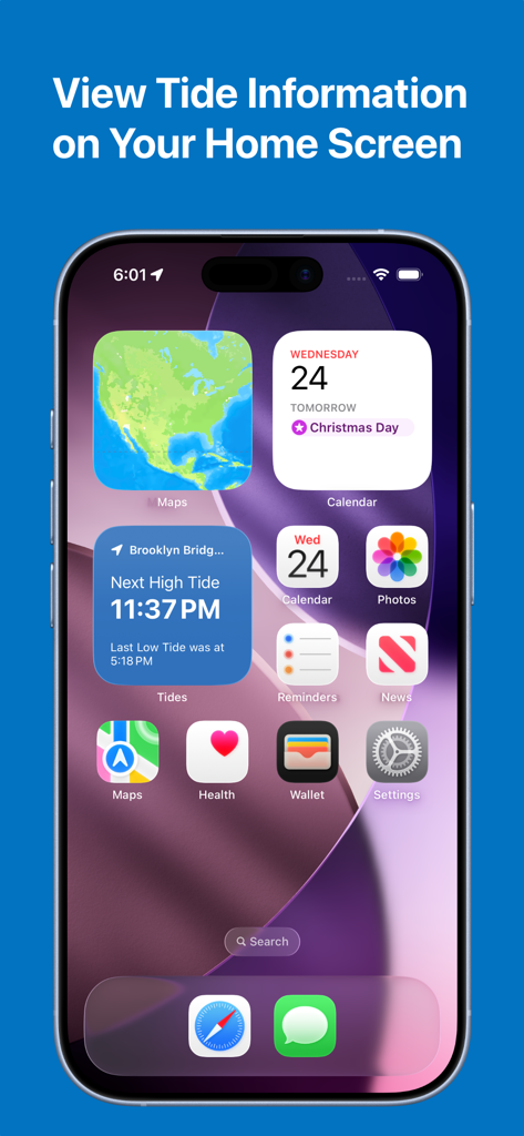 Tides - high and low tide info - Pantalla de inicio de iPhone que muestra un widget de información de mareas con horarios de mareas altas y bajas