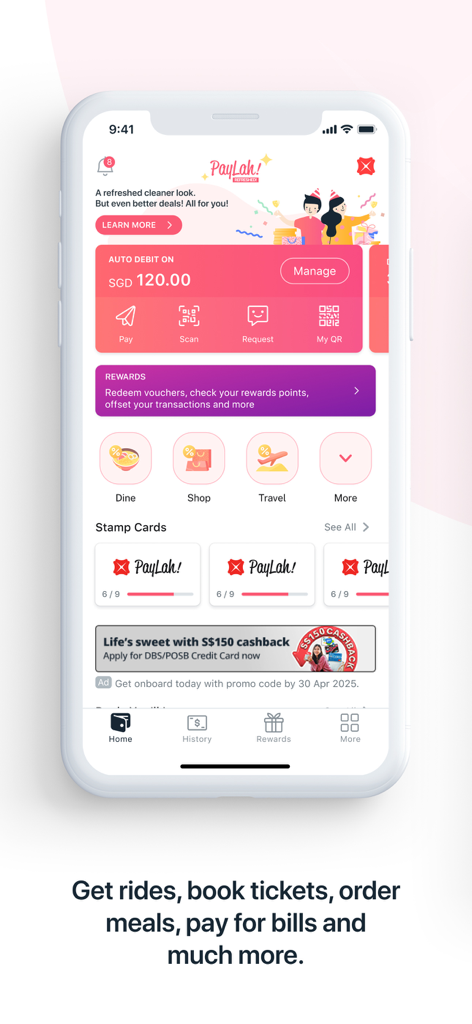 DBS PayLah! - DBS PayLah app home screen showing digital wallet balance and service icons for dining shopping and travel