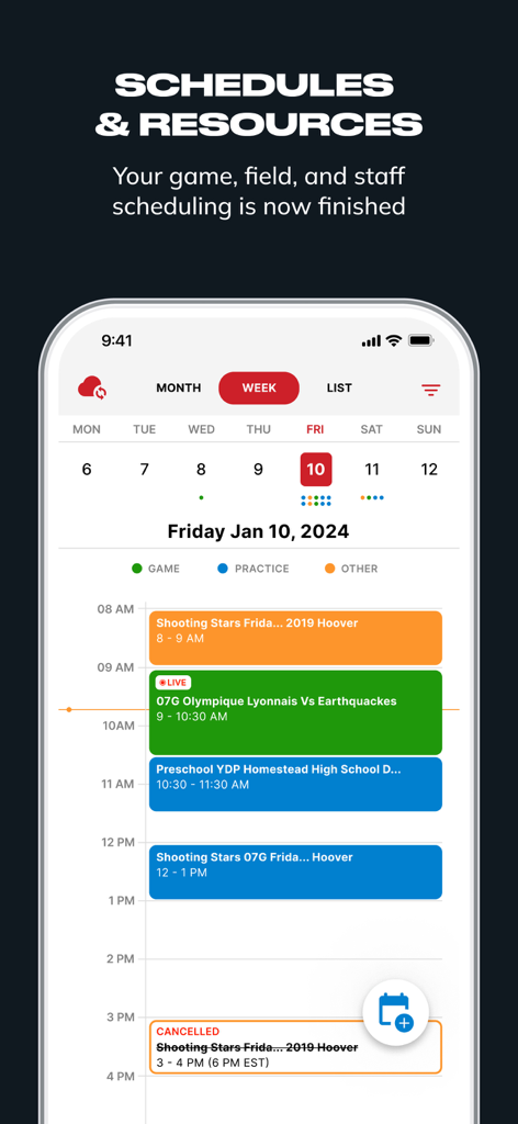 ALBION Connect - Weekly soccer schedule view in the ALBION Connect app showing games and practices