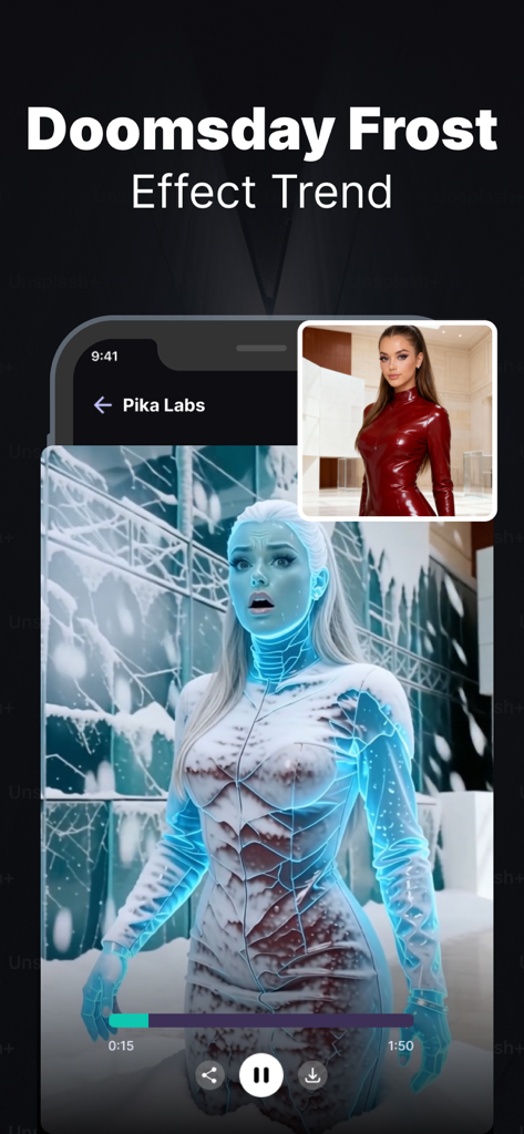 Pika Labs: AI Trend Effects - Pika Labs 앱에서 Doomsday Frost AI 효과를 사용하여 얼어붙은 캐릭터로 변환된 여성