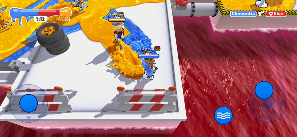 Dye Hard - Color War - Two characters spraying yellow and blue paint onto a white platform in a PvP battle