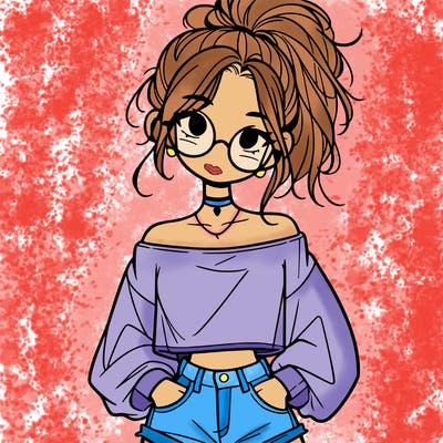 girl with a messy ponytail glasses a baggy crop top and jean shorts