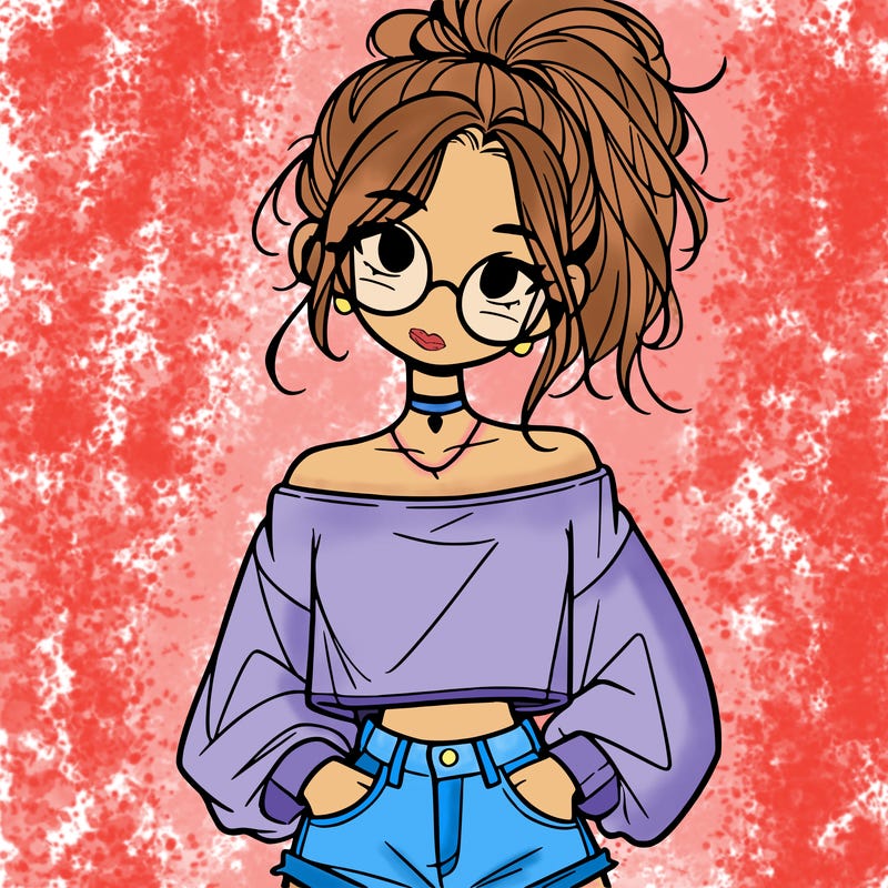 girl with a messy ponytail glasses a baggy crop top and jean shorts