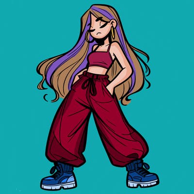 girl in baggy pants crop top and long hair