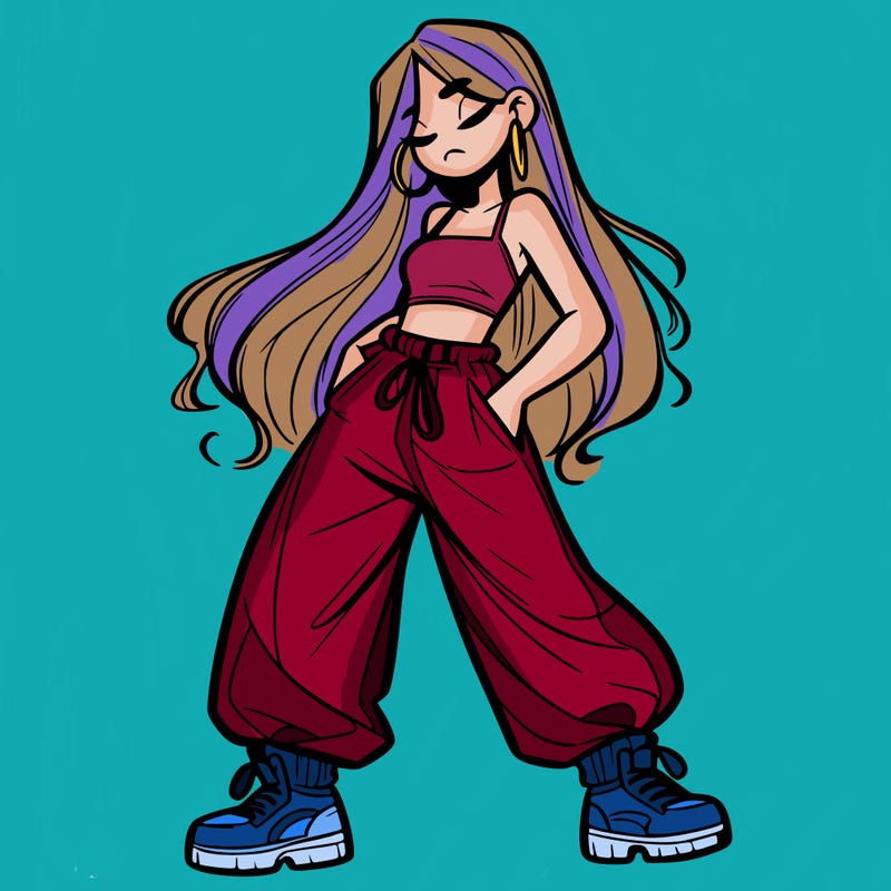 girl in baggy pants crop top and long hair