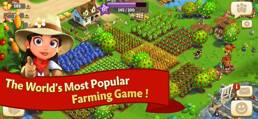 Una granja vibrante y colorida en FarmVille 2 Country Escape con un avatar de granjera y varios cultivos