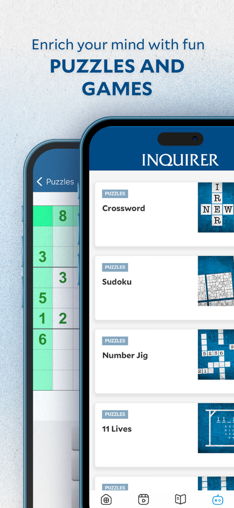 Inquirer Plus - Inquirer Plus app interface showing a list of games including Crossword Sudoku and Number Jig