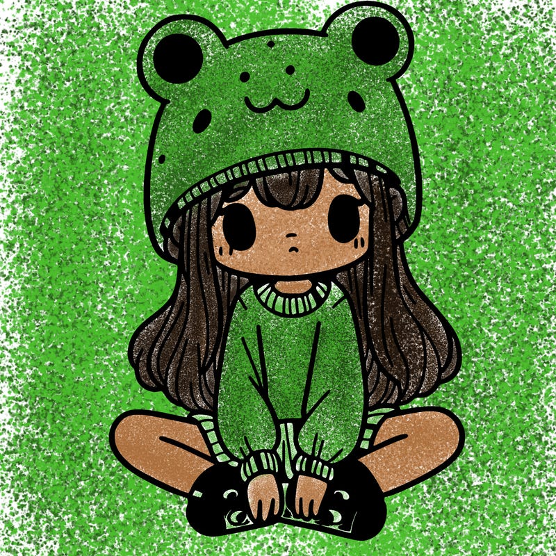 a girl wearing a frog hat and some frog socks