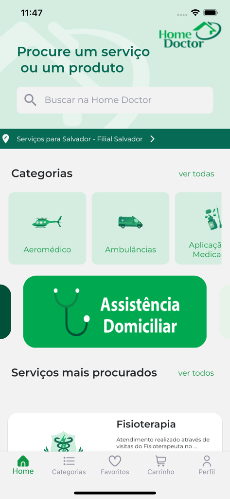Home Doctor - Home Doctor mobile app interface showing categories like ambulances and home care services