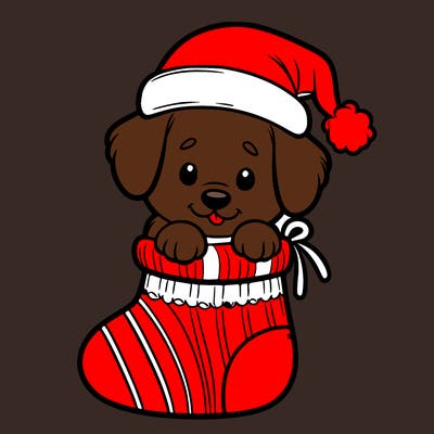 cute puppy wearing santa hat in socking