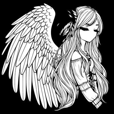 realistic girl with bird wings and some feathers in her hair