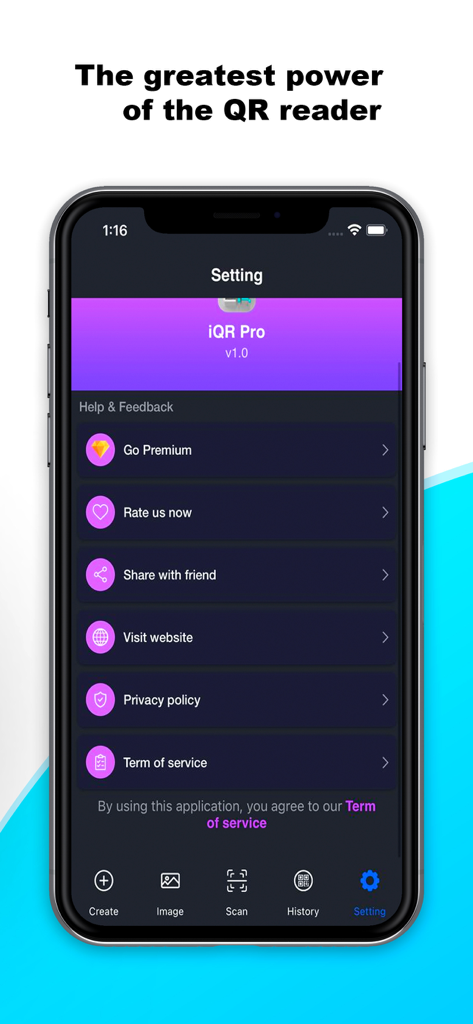 iQR Pro E - A screenshot of the iQR Pro E app settings menu showing options for premium features and privacy policy