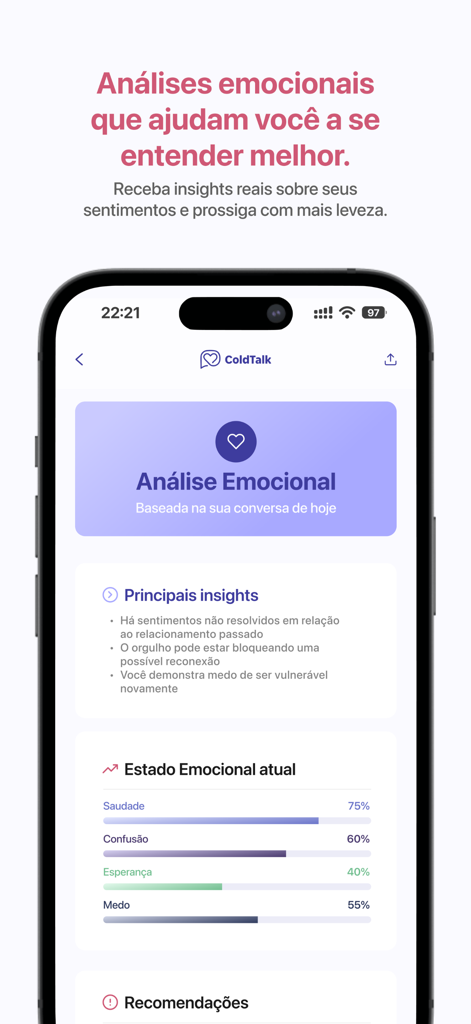 ColdTalk 앱 화면: 이별 후 감정 분석 및 회복 통찰력 표시