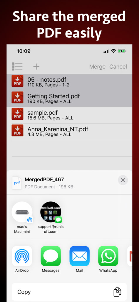 ドキュメントのリストと簡単なファイル共有のためのiOS共有シートを表示するPDF結合・マージアプリのiPhoneスクリーンショット