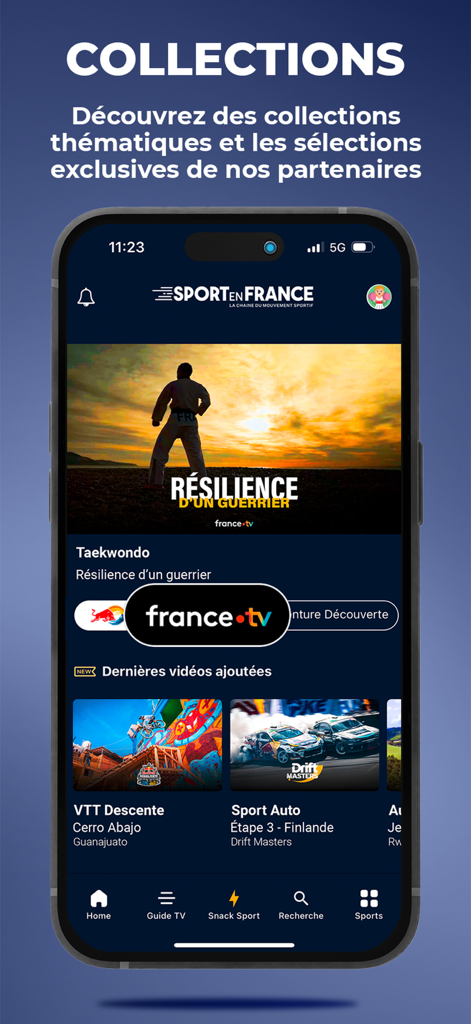 Sport en France - Sport en Franceアプリのコレクションインターフェース。さまざまなスポーツビデオやドキュメンタリーが紹介されています。