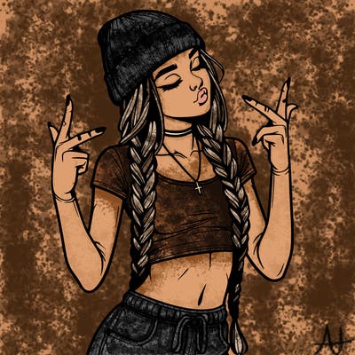 realistic teenage girl with braids and a beanie and crop top doing 🫶🏼