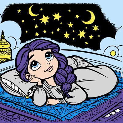 a princess lying on her back on a blanket, looking up at the stars with a dreamy expression.