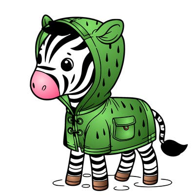 a skinny zebra with a rain jacket on him