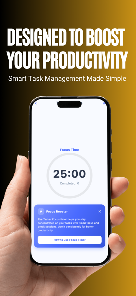 25분 카운트다운 타이머가 있는 TaskerPro 앱 집중 시간 기능을 표시하는 iPhone 화면