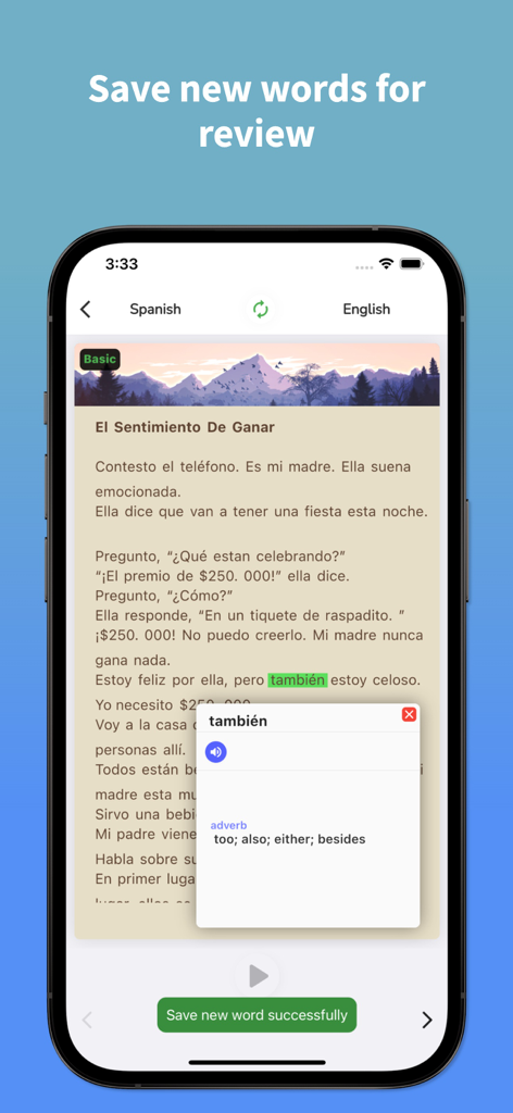 Spanish Translator - EsGot - Oberfläche der EsGot-App zeigt eine spanische Kurzgeschichte und ein Wörterbuch-Popup zum Speichern neuer Wörter.