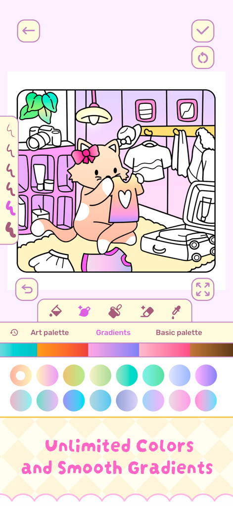 Interfaz de libro de colorear digital que muestra un gato adorable y paletas de colores degradados.