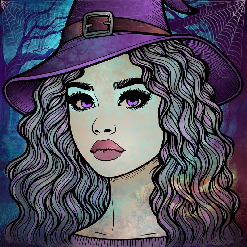 realistic girl with wavy hair a witch hat and a nose and lips and eyes