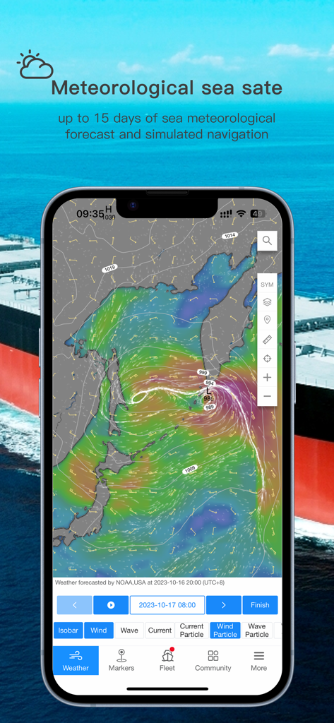 Smartphone showing the hiFleet app interface with a meteorological sea state map and 15 day weather forecast