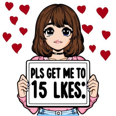 realistic girl holding up a sign that says “pls get me to 15 likes!”