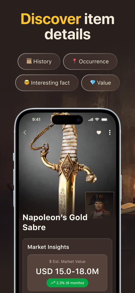 Antica - AI Antique Identifier - Antica app screen showing market value and historical details for an antique gold sabre
