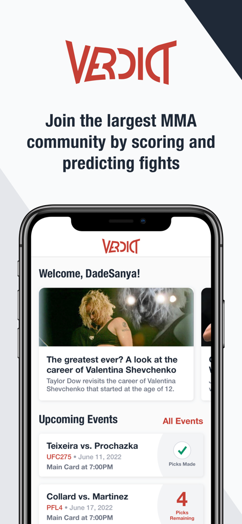 iPhone screen showing the Verdict MMA app home interface with a news article about Valentina Shevchenko and a list of upcoming UFC and PFL fight events.