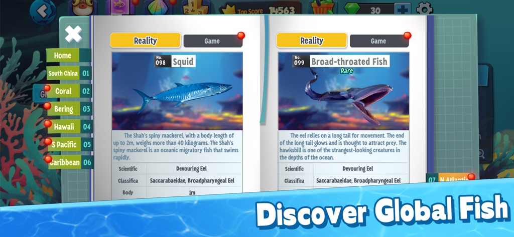 A menu titled Discover Global Fish showing an encyclopedia of different fish species in the game