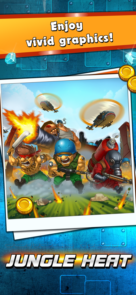 Jungle Heat - Cartoon military heroes and helicopters in an action packed battle scene from the Jungle Heat game