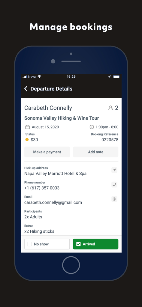 Bokun - Bokun app interface showing tour booking departure details including customer information and check-in options