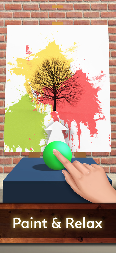 Stress Relief & Relaxing Games - A hand swiping a green ball to create colorful paint splatters on a canvas featuring a tree silhouette
