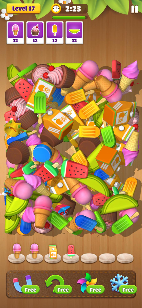 Dream Family: Triple Match 3D - A colorful 3D object matching puzzle level featuring ice cream, cupcakes, and juice boxes